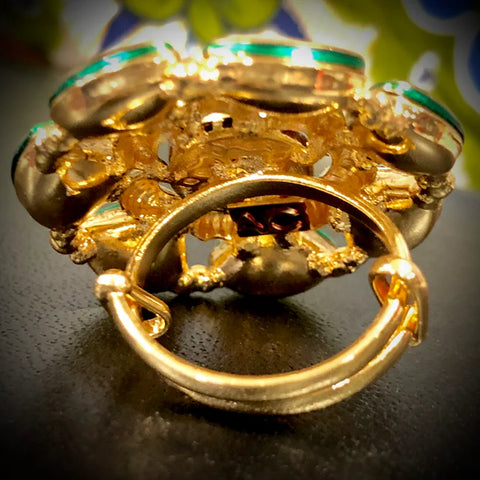 Elegant Gold Plated Royal Kundan & Ruby Beaded Ring (Design 107)