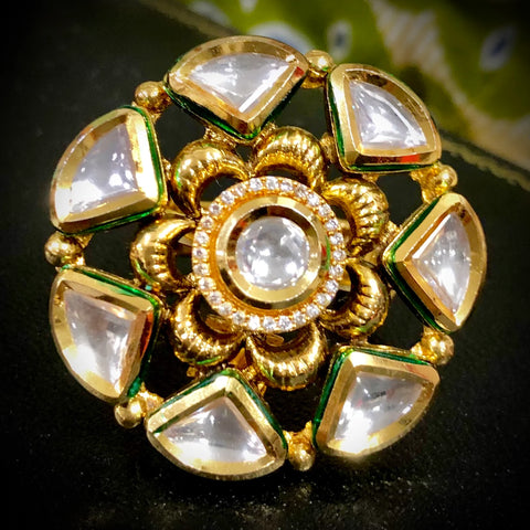 Elegant Gold Plated Royal Kundan & Ruby Beaded Ring (Design 107)