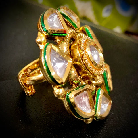 Elegant Gold Plated Royal Kundan & Ruby Beaded Ring (Design 107)
