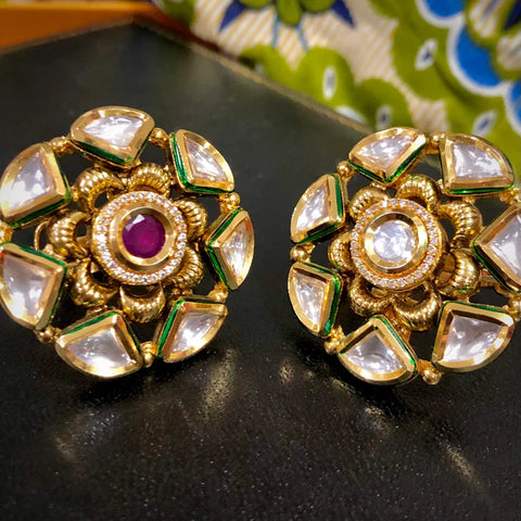Elegant Gold Plated Royal Kundan & Ruby Beaded Ring (Design 107)