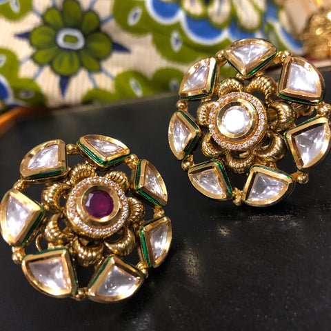 Elegant Gold Plated Royal Kundan & Ruby Beaded Ring (Design 107)