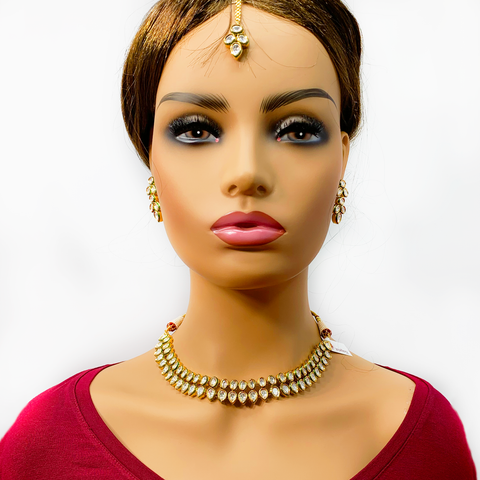 Stunning Double Line Gold Plated Kundan Set (D971)