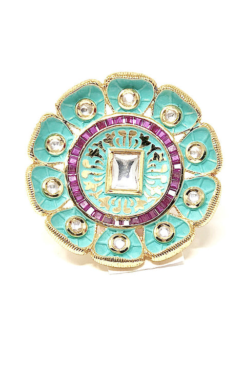 Floral Kundan Mint ring in Gold Plating (Design O2)