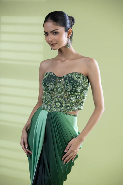 Designer Sequined Green Armani Satin Dress For Party Wear (D66)