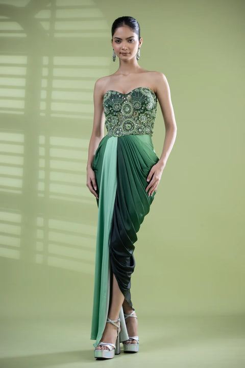 Designer Sequined Green Armani Satin Dress For Party Wear (D66)