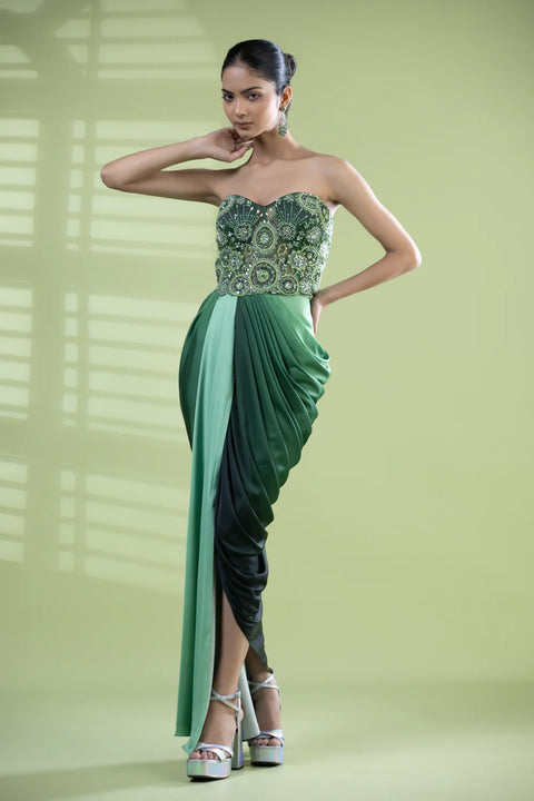 Designer Sequined Green Armani Satin Dress For Party Wear (D66)