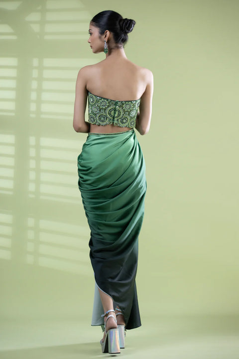 Designer Sequined Green Armani Satin Dress For Party Wear (D66)