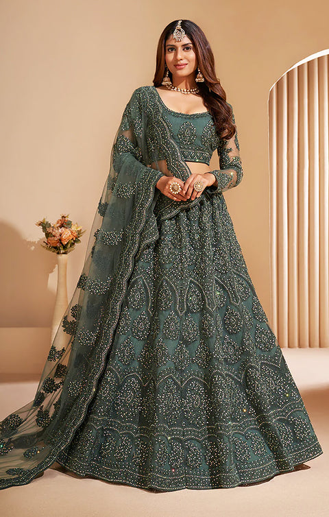 Designer Bridal Heritage Turquoise Heavy Embroidered Net Lehenga Choli (D52)