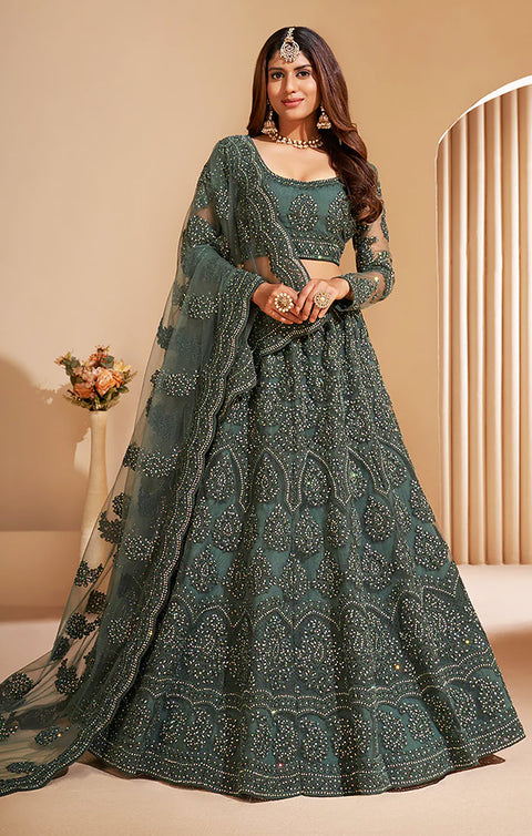 Designer Bridal Heritage Turquoise Heavy Embroidered Net Lehenga Choli (D52)
