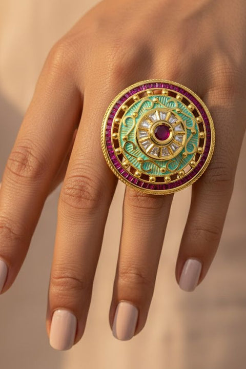 Adjustable Gold Plated Kundan Ring (D1)