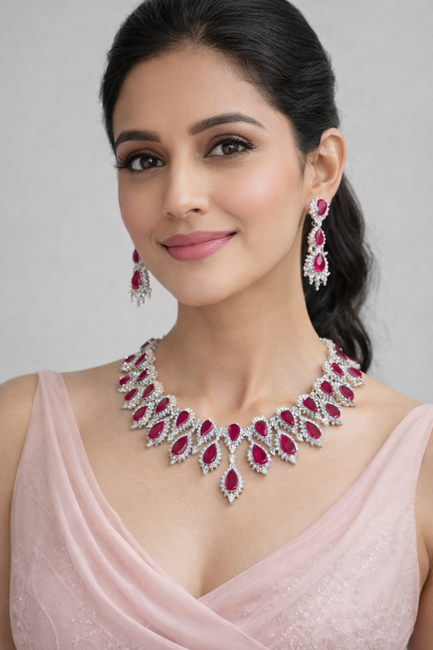American Diamond Silver Plated Necklace with Earrings (D1149)