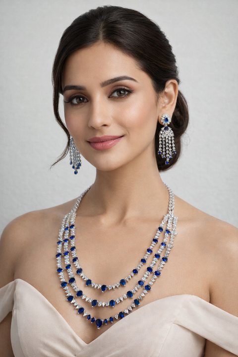 American Diamond Silver Plated Necklace with Earrings (D1151)