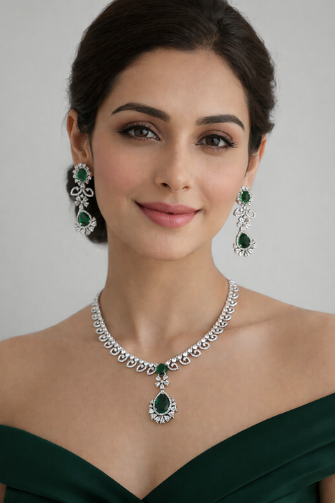 American Diamond Green Semi-Precious Necklace Set – Designer Necklace (D936)
