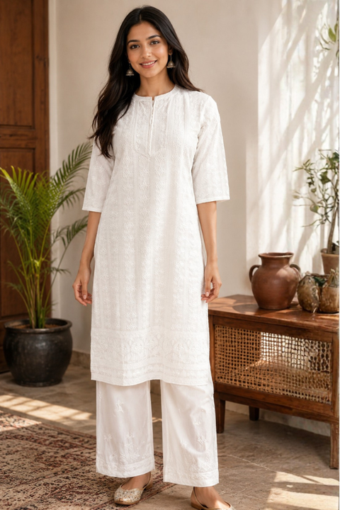 White Pure Cotton Chikankari Long Kurti for Women (D1765)
