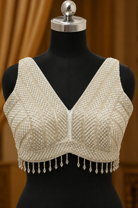 White Color Bead Cutdana Hand Embroidered Blouse (D2063)