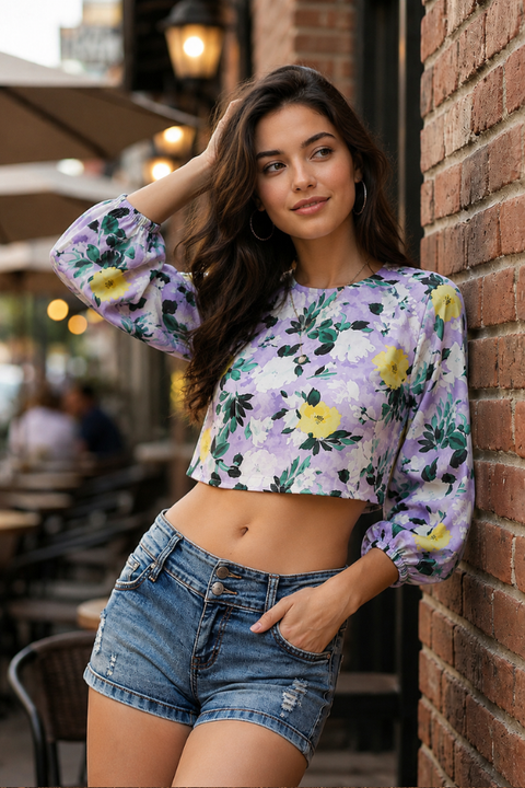 Purple Floral Print Lace Up Open Back Bishop Sleeve Crop Top & Blouse For Girls and Women (D811)(Deal)