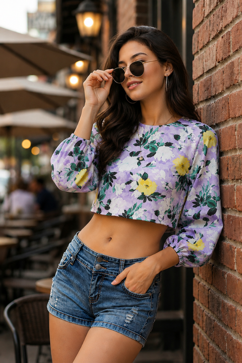 Purple Floral Print Lace Up Open Back Bishop Sleeve Crop Top & Blouse For Girls and Women (D811)(Deal)