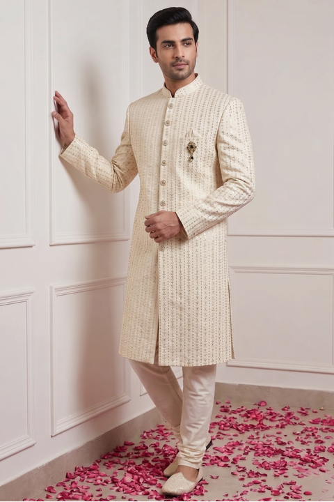 White Colour Silk – Thread Sequins Zari Embroidery Designer Sherwani (D385)