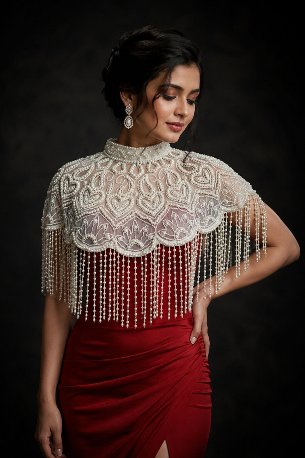 Women's Party Wear White Pearl and Beaded Cape Poncho | Shop Now– PAAIE