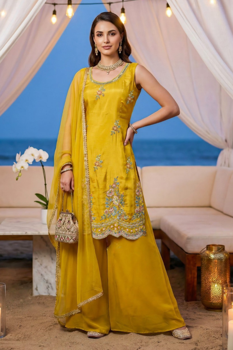 Sunshine Mustard Yellow Embroidered Palazzo Set with Dupatta (D2088)