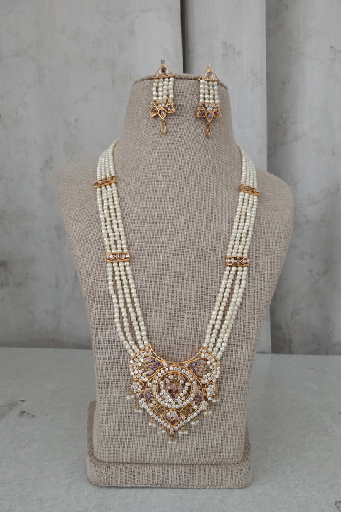 Multi Layer Pearl Kundan Necklace Set With White & Purple Stones (D1352)