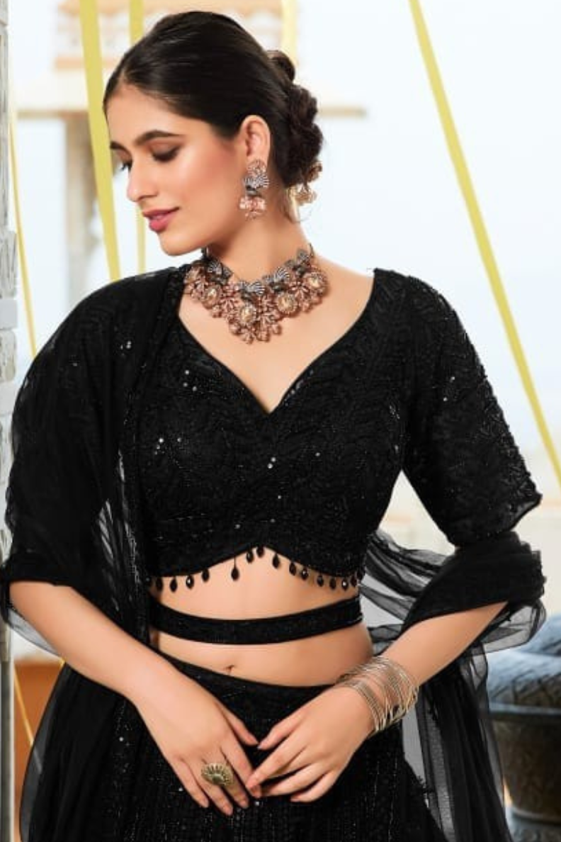 Black Color Soft Net Cutdana And Sequins Work Embroidery Lehenga & Blouse With Dupatta (D1043)