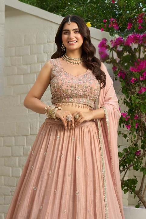 Elegant Dusky Pink Chinon Silk Cutdana Moti Embroidered Lehenga Set (D1048)