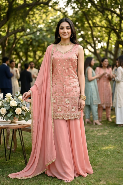 Peach Simmer Tissue Floret Embroidered Kurta Palazzo Set With Dupatta (D2115)