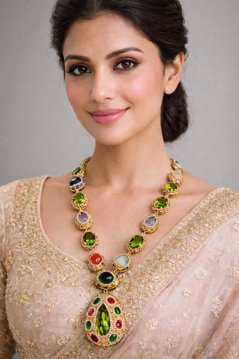Antique Multi Color Stone Statement Necklace (D1107)