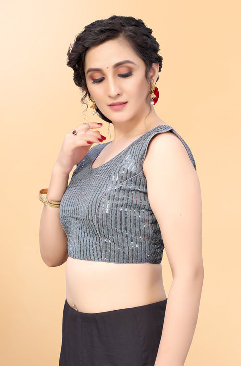Elegant Grey Color Sequence Blouse in Silk