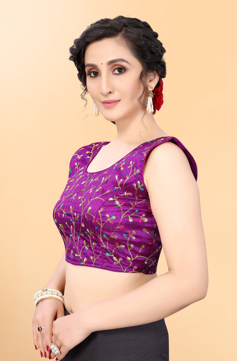 Purple Color Embroidery & Sequence Designer Blouse in Silk