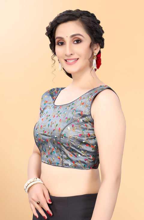 Gray Color Embroidery Sequence Blouse in Silk