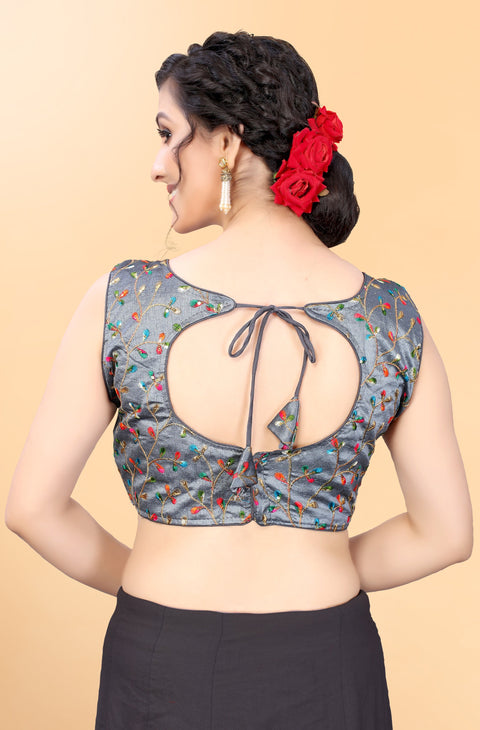 Gray Color Embroidery Sequence Blouse in Silk
