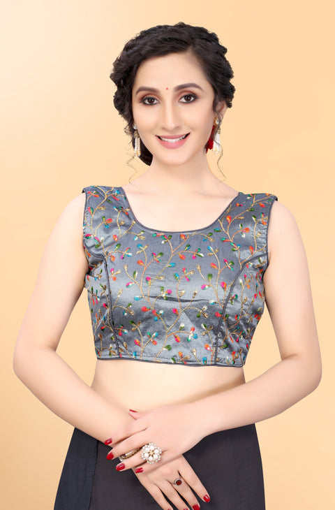 Gray Color Embroidery Sequence Blouse in Silk