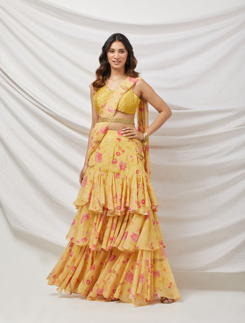 Yellow Printed Pre-Draped Saree Set (D27)