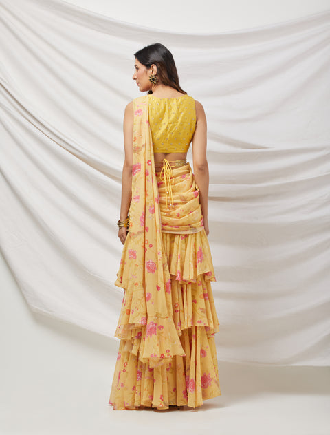 Yellow Printed Pre-Draped Saree Set (D27)