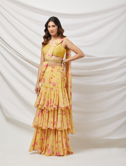 Yellow Printed Pre-Draped Saree Set (D27)