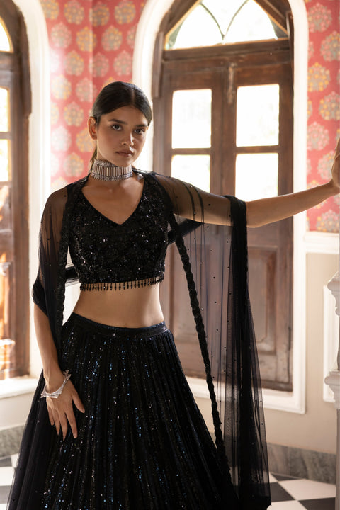 Black Sequins Lehenga With Velvet Blouse For Party Wear (D276)