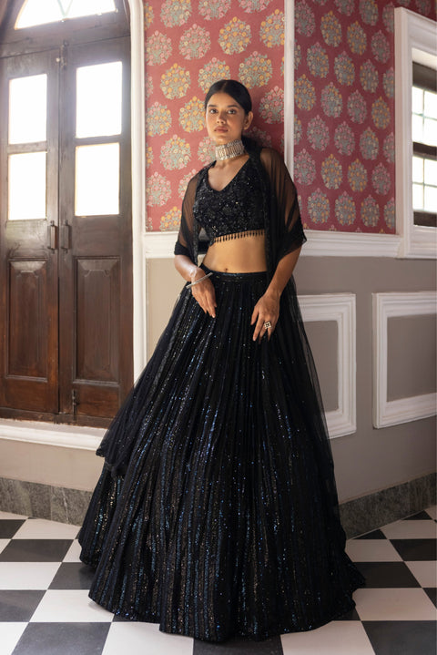 Black Sequins Lehenga With Velvet Blouse For Party Wear (D276)