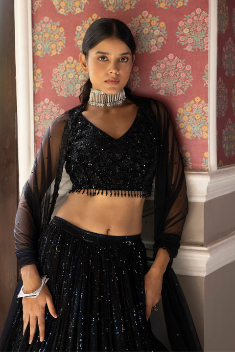 Black Sequins Lehenga With Velvet Blouse For Party Wear (D276)