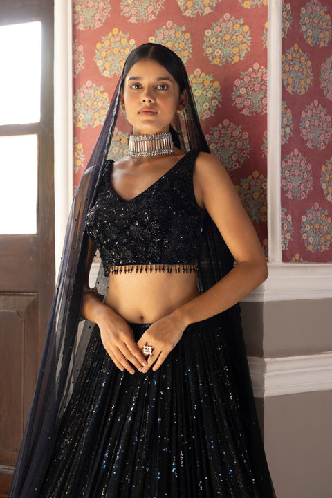 Black Sequins Lehenga With Velvet Blouse For Party Wear (D276)