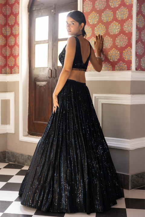 Black Sequins Lehenga With Velvet Blouse For Party Wear (D276)