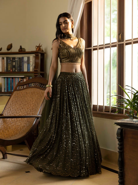 Moss Green Sequined Lehenga Set For Party Wear (D274)