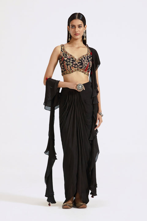 Black Draped Skirt Set For Party Wear (D30)