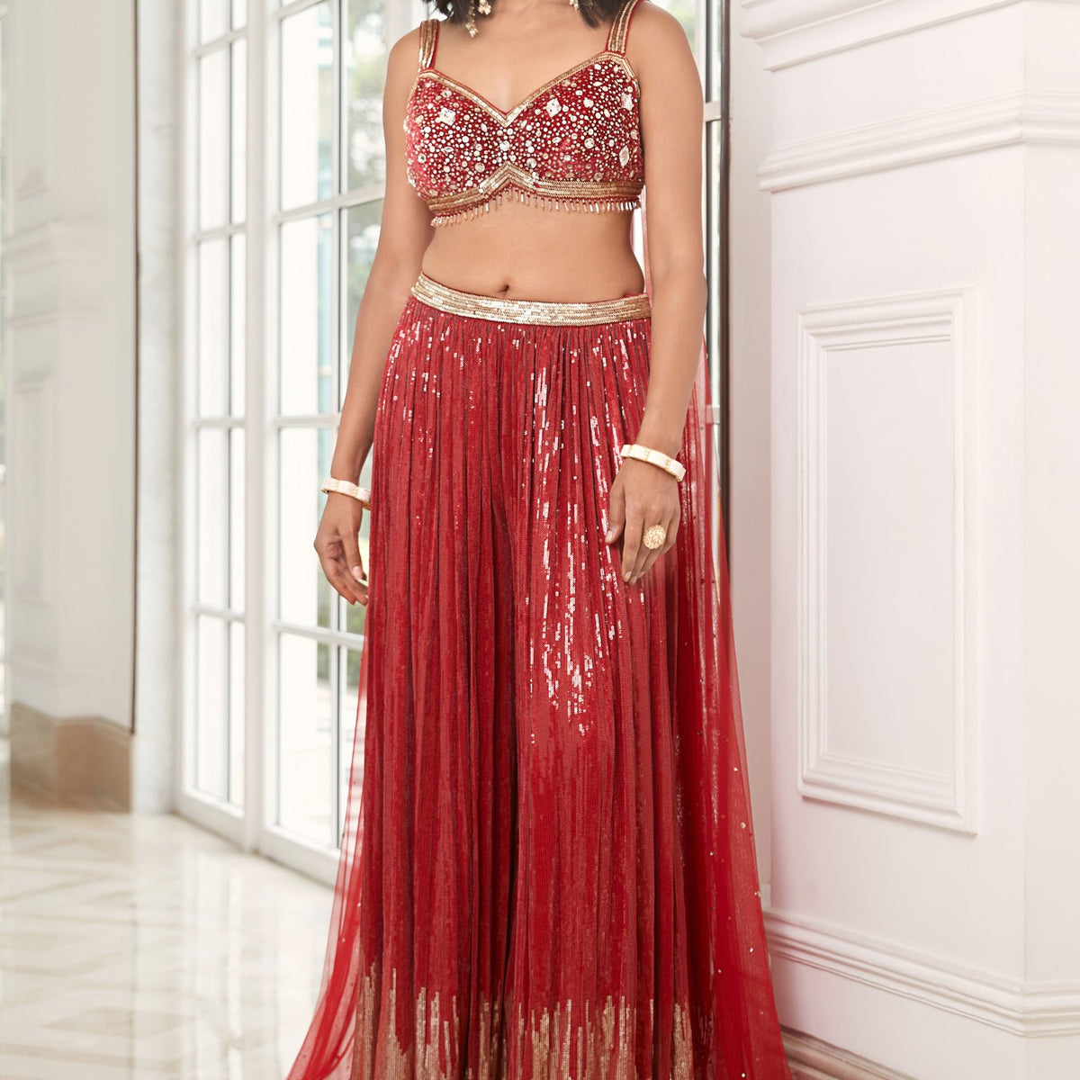Enchanting red embroidered sharar set ideal for gatherings– PAAIE