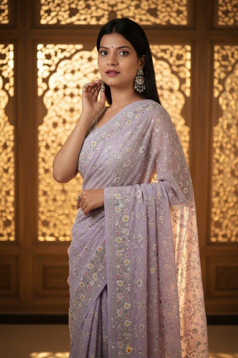 Bollywood Style Light Purple Sequin Stone & Thread Work Georgette Saree for Party Wear (D893A)