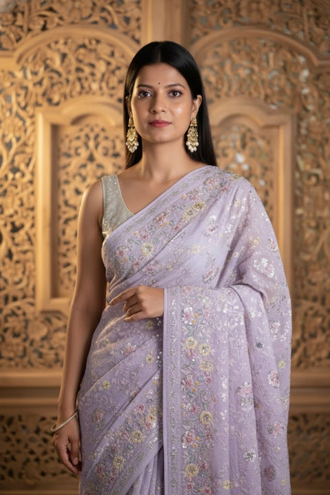 Bollywood Style Light Purple Sequin Stone & Thread Work Georgette Saree for Party Wear (D893A)
