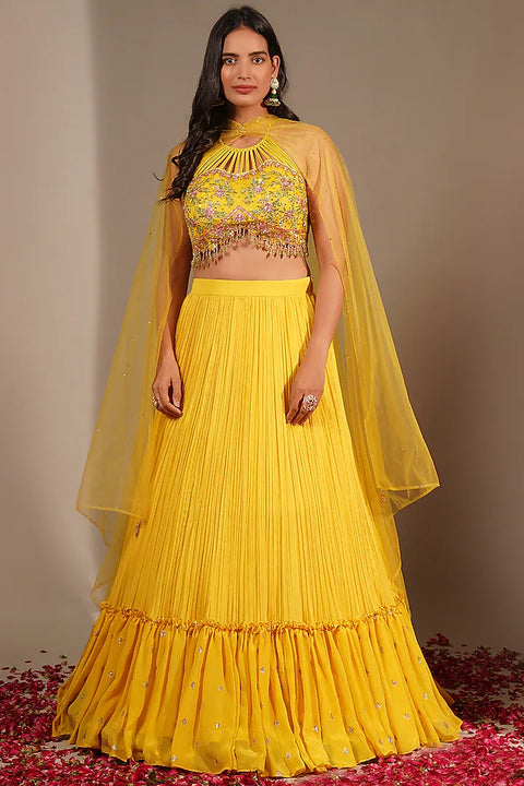 Yellow Georgette Embroidery Mukaish Halter Neck Placement Lehenga Set For Women (D292)