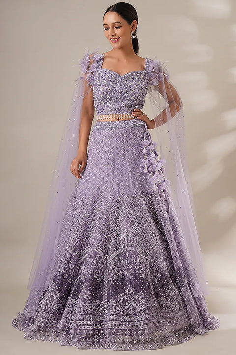 Lavender Net Embroidery Sequin Leaf Neck Lehenga And Blouse Set For Women (D351)
