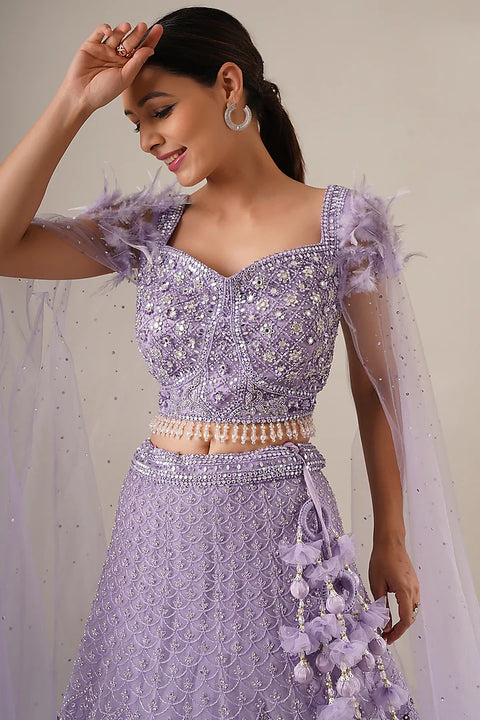 Lavender Net Embroidery Sequin Leaf Neck Lehenga And Blouse Set For Women (D351)